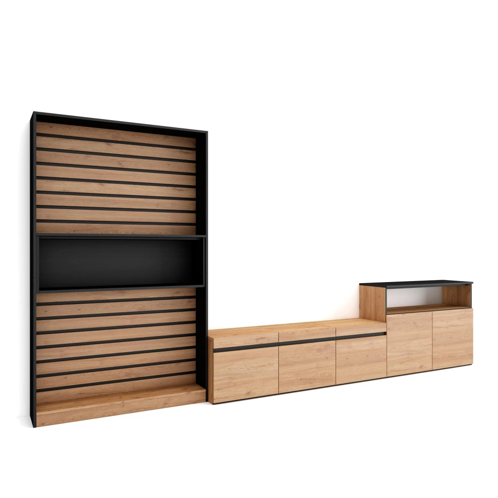 Mobile TV, Soggiorno, 360x35x186cm, Per TV fino a 65", Set di mobili, colore Rovere e nero RF3159