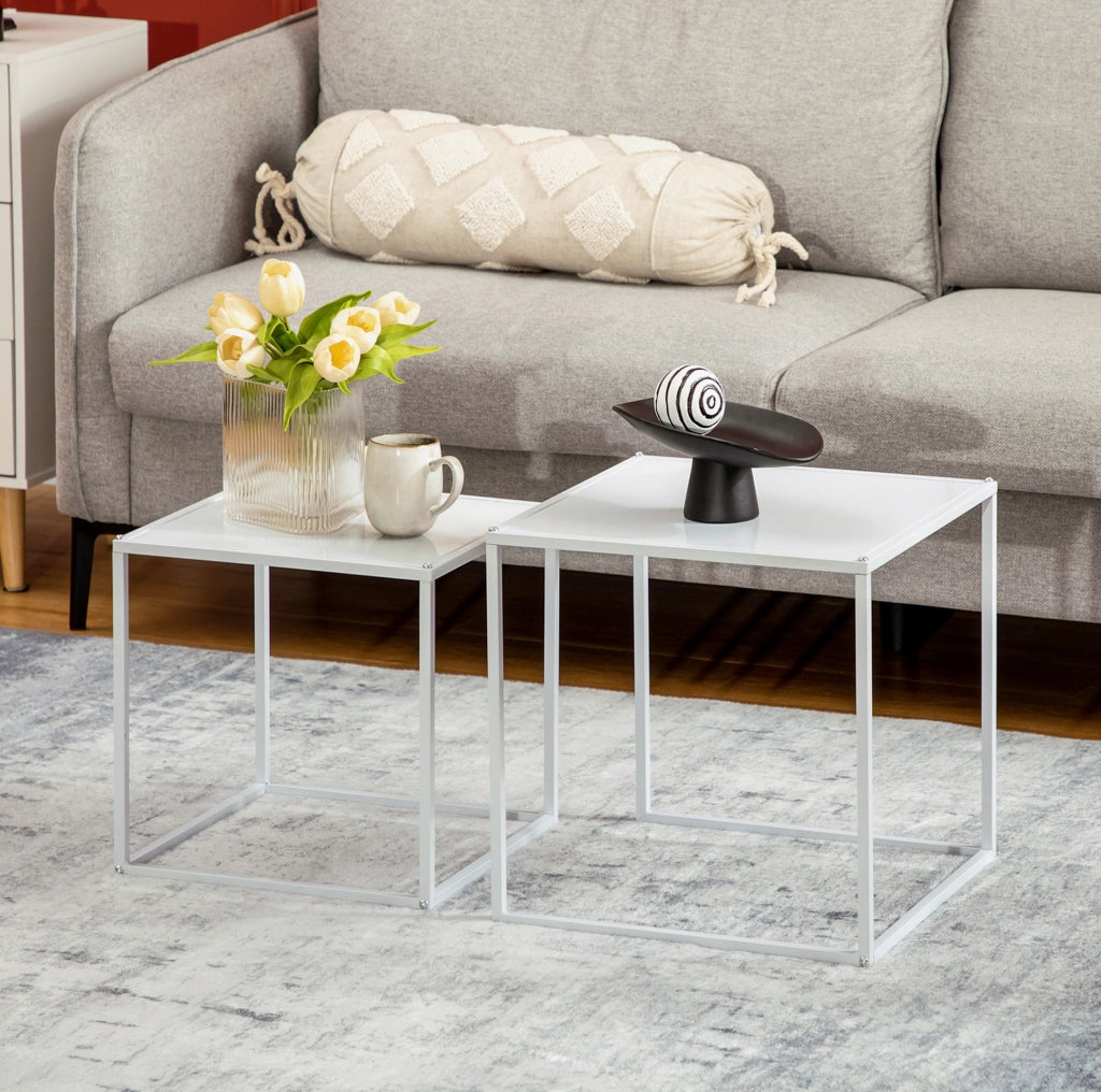 Set di 2 Tavolini da Salotto Quadrati in Acciaio Bianco, 40 e 35 cm