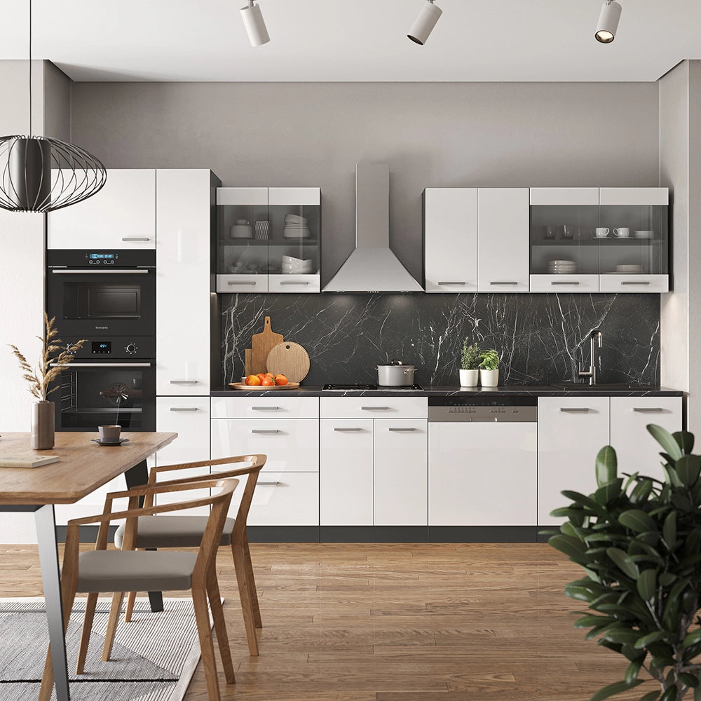 Vicco Cucina  Bianco lucido/antracite 350 cm con armadio alto, PL Rovere