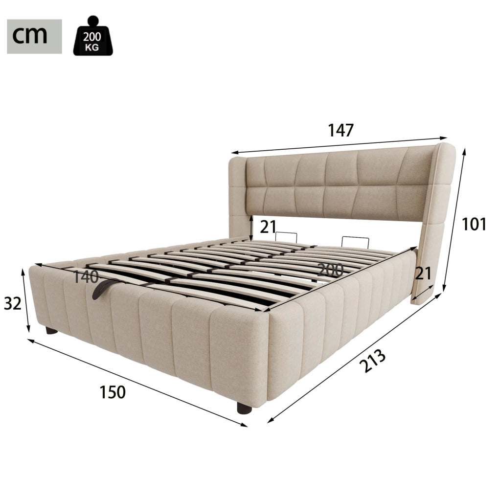Letto imbottito 140x200 cm con vano contenitore e testiera rivestita beige