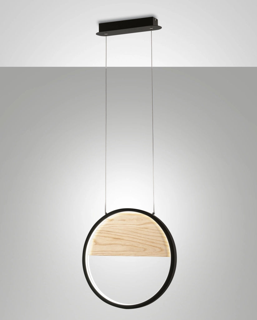 Pierre Sospensione a LED 29W Ø400mm Struttura in Metallo e Legno Nero, Luce Calda 3000K, Dimmerabile a step, Design Moderno e Raffinato