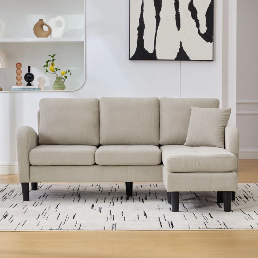 Divano Angolare con Chaise Longue 3 Posti ¨C MINIMAL ¨C Tessuto a Coste, Gambe in Plastica, 166x118x77 cm