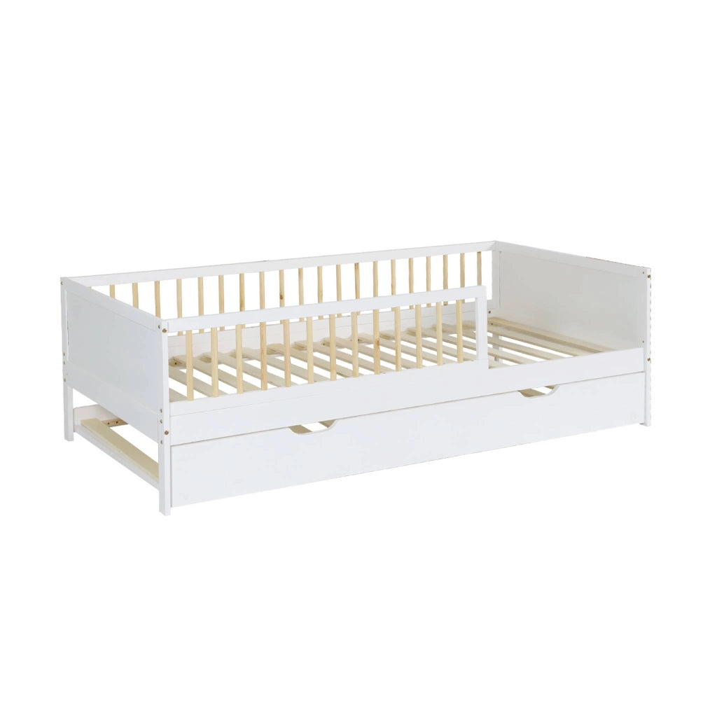 Letto a nido per bambini in pino naturale con rete a doghe e cassetto,