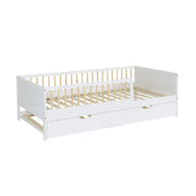 Letto a nido per bambini in pino naturale con rete a doghe e cassetto,