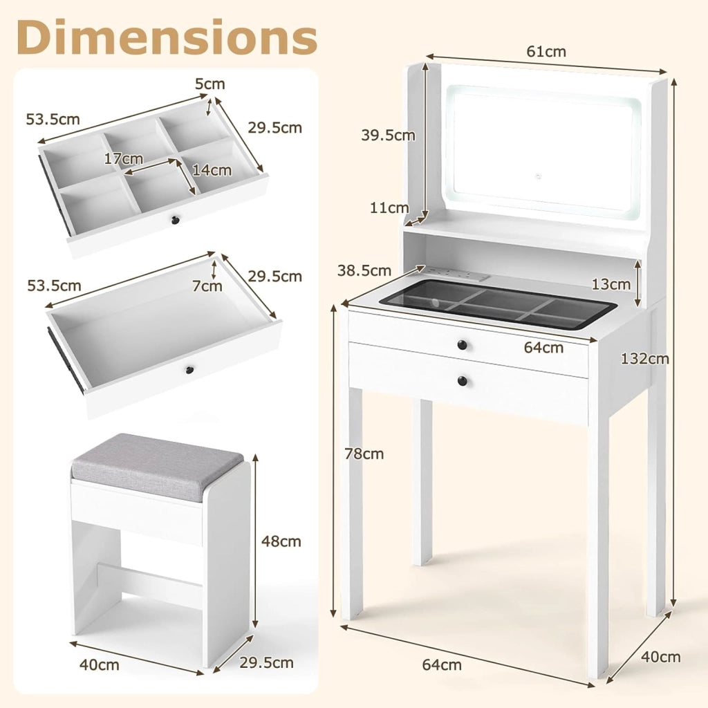 Toeletta 3 in 1 con sgabello imbottito, tavolo da trucco con specchio, luci LED a 3 colori, 2 cassetti, ripiano aperto, piano in vetro, toeletta compatta con presa di corrente (bianco)