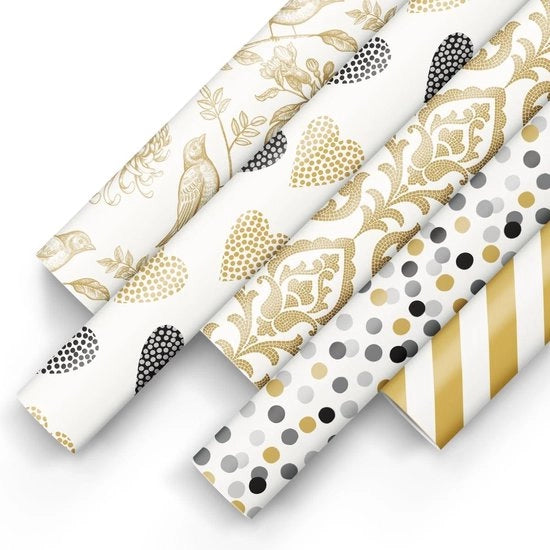 Papel da carta 200 x 70 cm - 5 rotoli | Mix di 5 disegni | Papel da carta elegante per regali di compleanno, matrimoni, feste di battesimo, feste e regali - Nero con motivo d'oro