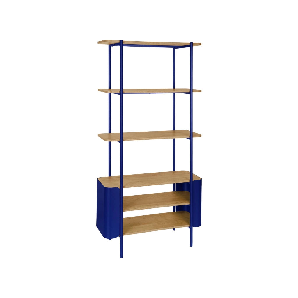 Libreria in metallo curvato e legno a 6 livelli, blu