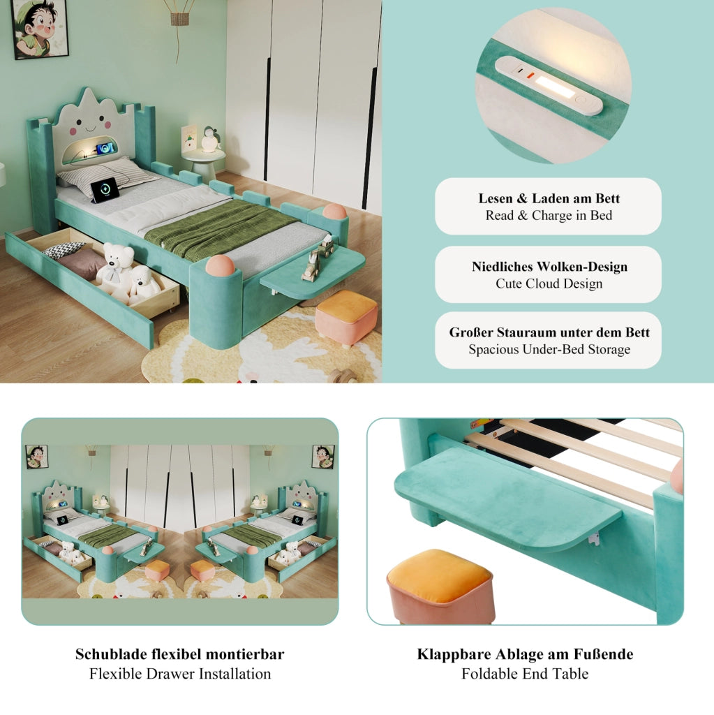 Letto imbottito per bambini 90x200 cm con LED, USB e cassetto