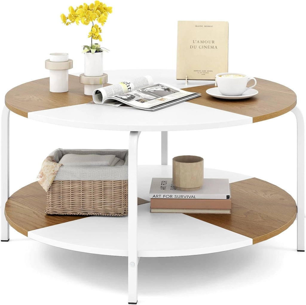 Tavolino da Salotto, Tavolino a 2 Livelli con Ripiano e Piedini Antiscivolo, Tavolo da Caffè Rotondo in Legno e Metallo, per Soggiorno, Studio e Ufficio, Portata 100 kg, 80 x 80 x 42 cm
