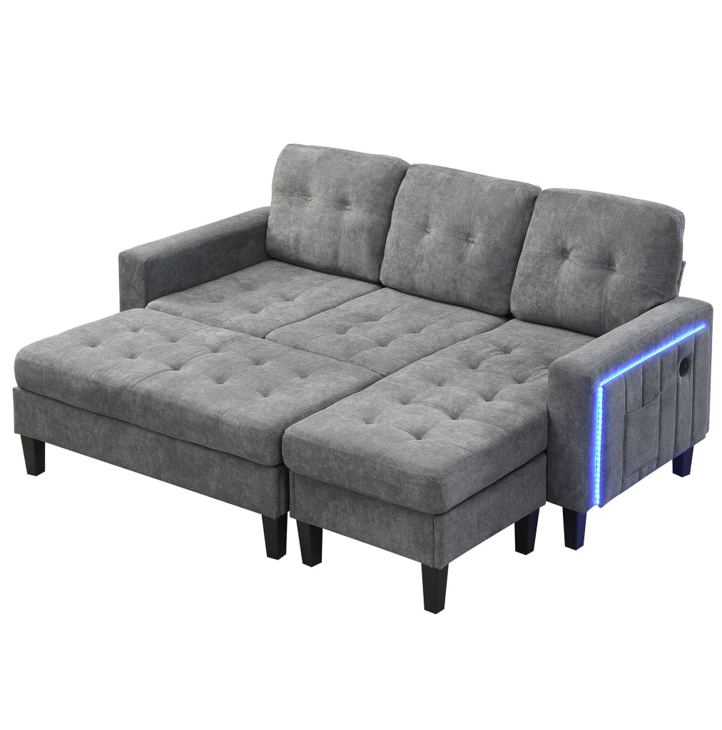 Divano letto angolare 185x135x85 cm; modulare con pouf mobile; LED e USB in chenille grigio antico