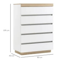 Cassettiera 5 Cassetti Minimal in Legno, 80x40x109 cm, Bianco e color Rovere