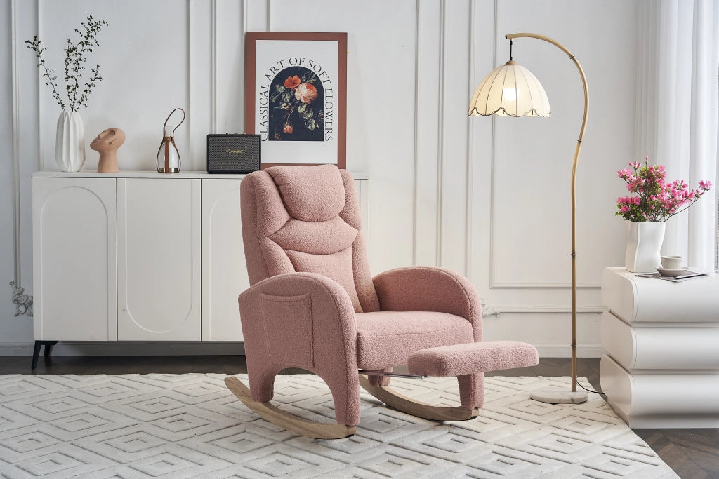 Poltrona a dondolo relax con poggiapiedi pieghevole e schienale ergonomico in tessuto teddy rosa per salotto