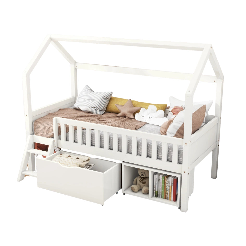 Letto a casetta per bambini 90x200 cm in legno di pino con scala; cassetti e sponde; bianco