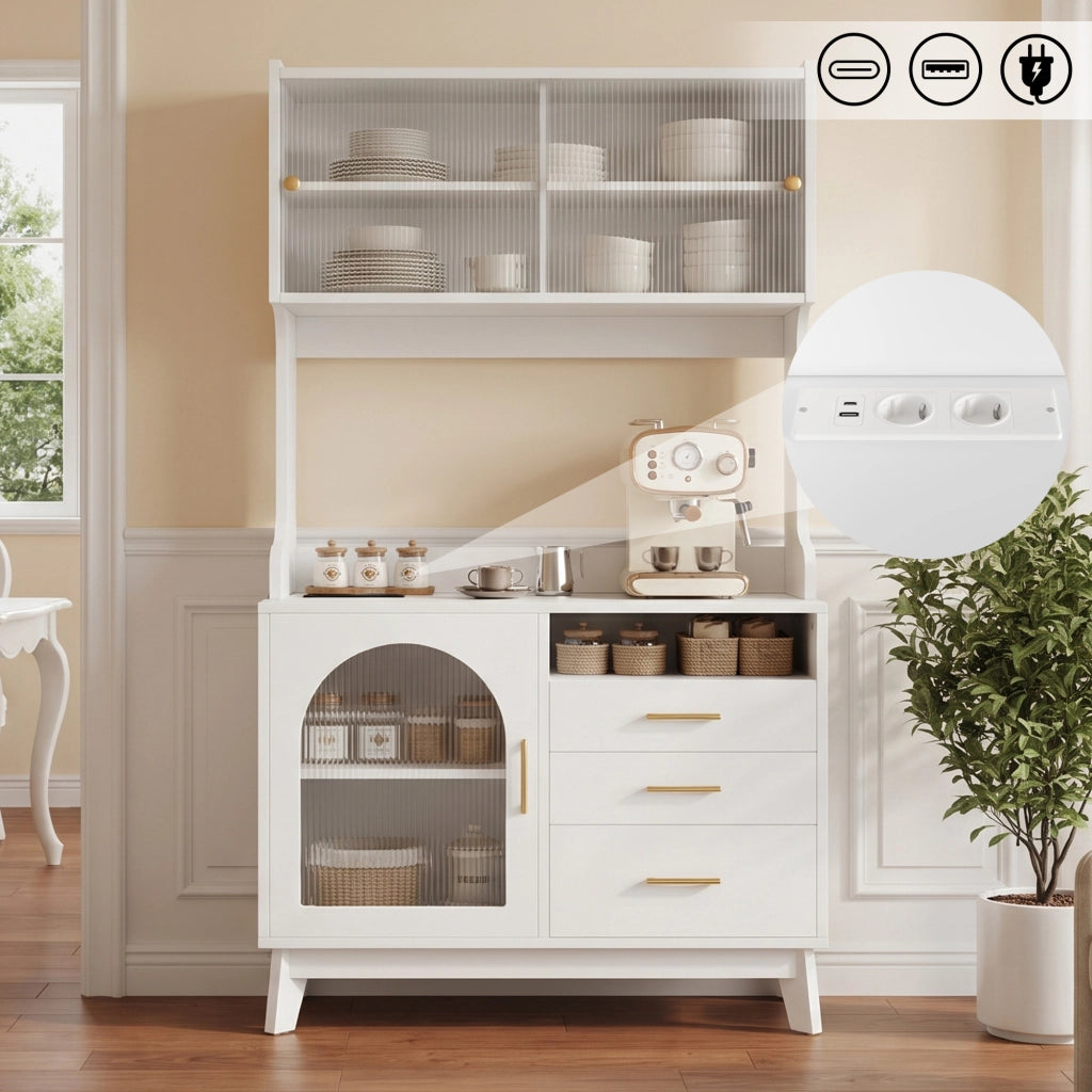 Credenza e madia con 2 prese e porte USB-A e USB-C, per cucina e sala da pranzo, bianco, 100,5 × 40 × 178 cm