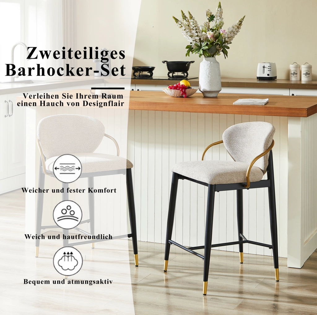SGABELLO ALTO Set da 2 pezzi Regolabile in altezza Chenille Marrone chiaro Nero-Oro