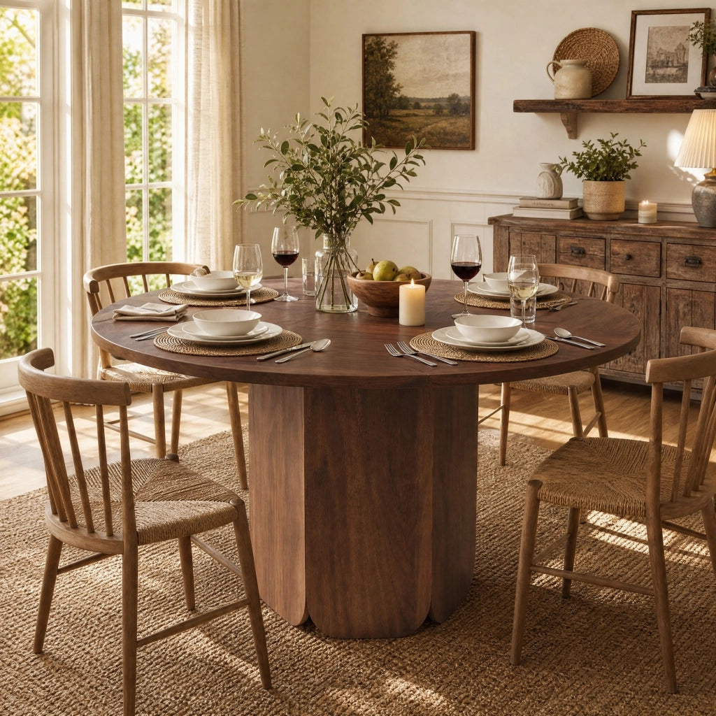 Tavolo da pranzo rotondo in MDF con design scandinavo per 4-6 persone, colore noce, diametro 120 cm