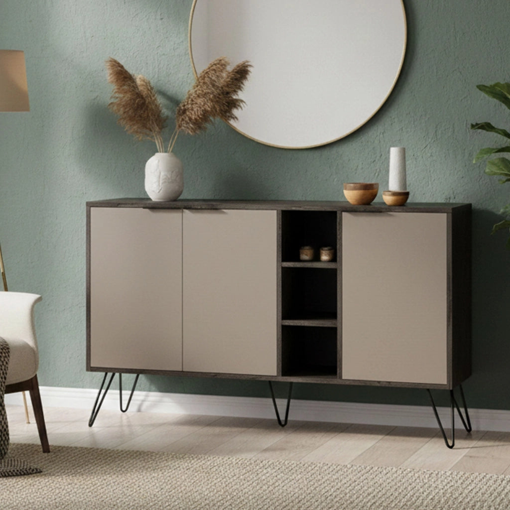 Credenza Alin, Buffet da soggiorno, Madia da salotto, Dispensa da cucina, 142x36h83 cm, Antracite e Beige
