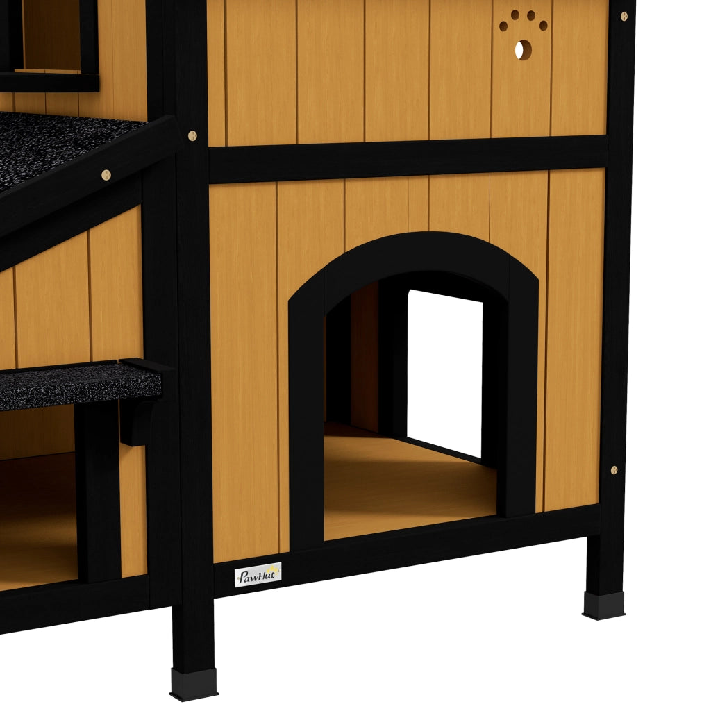 Casetta per gatti da esterno in legno, 2 piani, tetto impermeabile, 96 x 65 x 85,5 cm, gialla