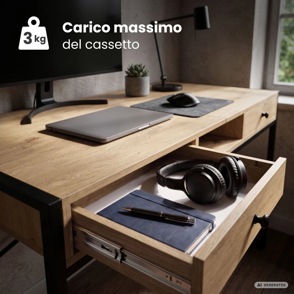 Scrivania industriale per computer Rovere Artisan ELONIS 123 cm 2 cassetti 1 ripiano gambe nere