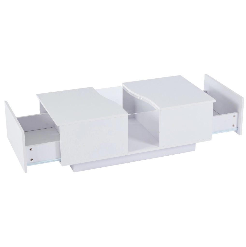 Tavolino da salotto moderno con LED; 2 cassetti; 100 x 50 x 35 cm; bianco lucido in MDF