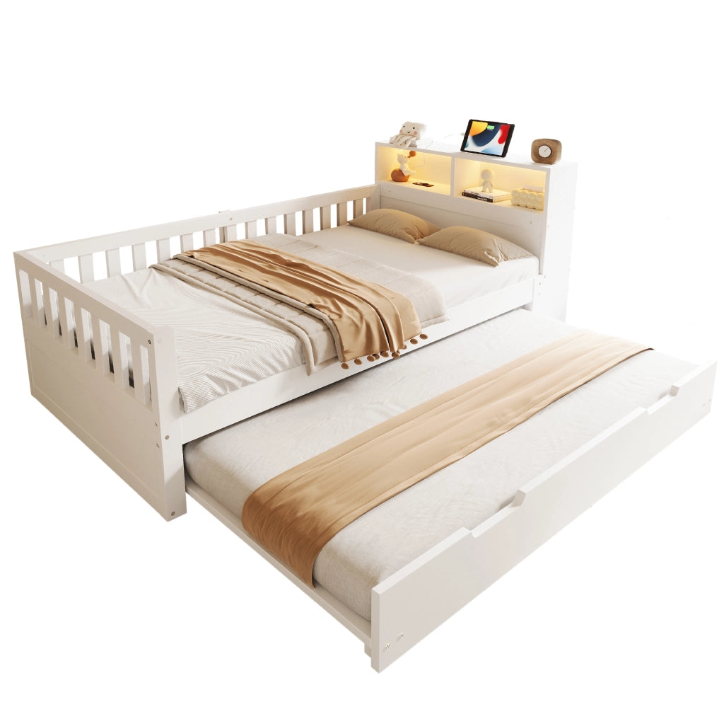 Letto multifunzione in legno 90x200 cm bianco con letto estraibile; LED; prese e vano portaoggetti
