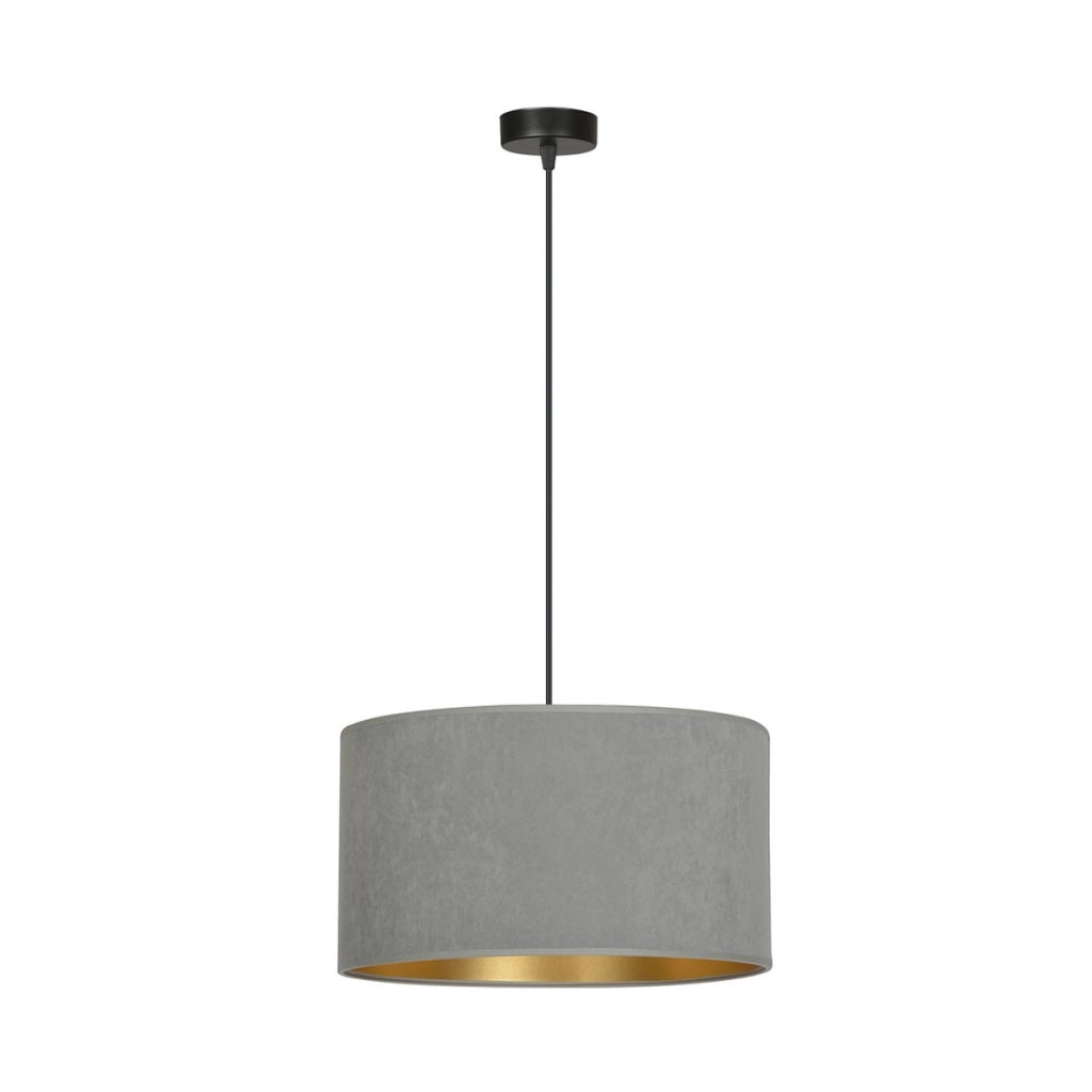 Lampada a sospensione Hilde con paralume in velluto grigio e interno oro