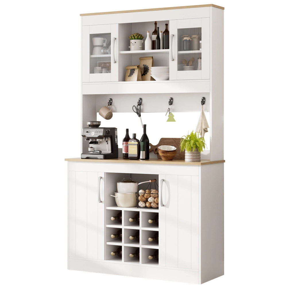 Credenza cucina 106x39x175 cm bianco e legno con vetrine
