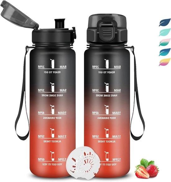 Bottiglia di acqua motivante da 1 litro con filtro - Facile da portare per camping, fitness e yoga