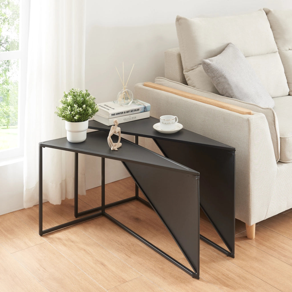 Set Kungsör di 2 Tavolini Sovrapponibili con Piano Triangolare Altezze Diverse - Metallo, Nero [en.casa]