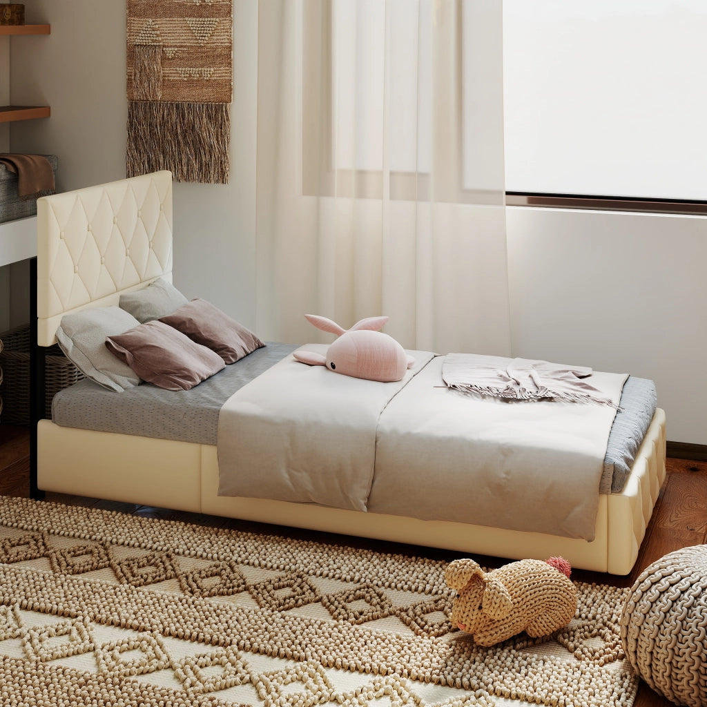 Letto imbottito singolo 90 × 190 cm con rete a doghe in velluto beige, struttura stabile e montaggio facile