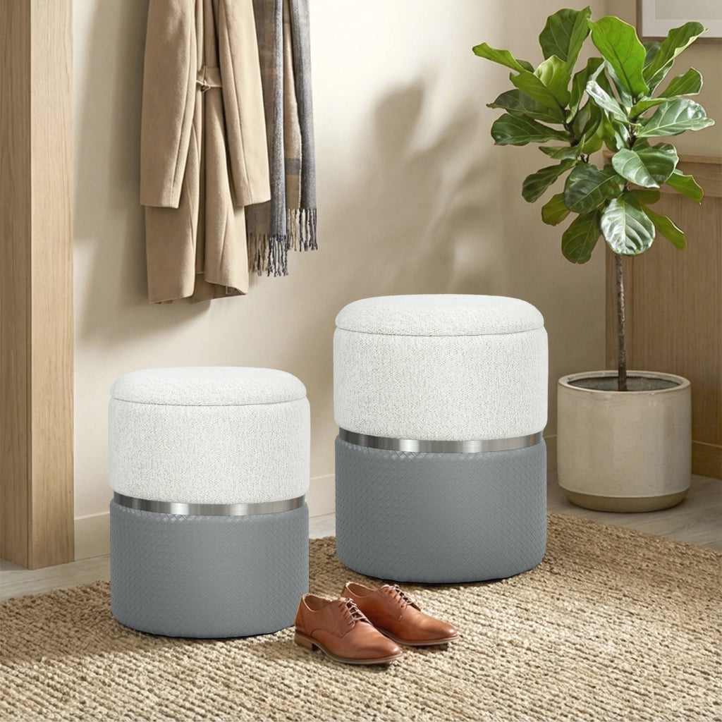 Set 2 Pouf Contenitore ¨C Xylo ¨C Rivestimento Tessuto Chenille e Similpelle Grigio e Crema