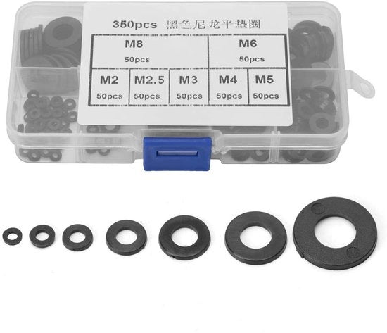 Set di imballaggio 350 pezzi - Anelli di chiusura in nylon M2/M2.5/M3/M4/M5/M6/M8 - Anelli piatti - Scatola di conservazione - Resistenti allo shock e alla corrosione - Anelli di chiusura