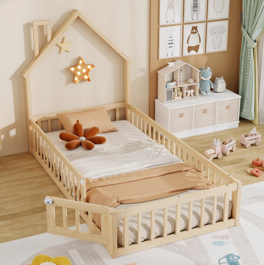 Letto per bambini 90x200 cm con rete a doghe; barriera di sicurezza; pino e MDF; naturale