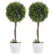 SET 2 PIANTE ARTIFICIALI VERDI A SFERA CON FIORI DI LAVANDA E VASO CON MUSCHIO E CEMENTO Ø 24X60 CM