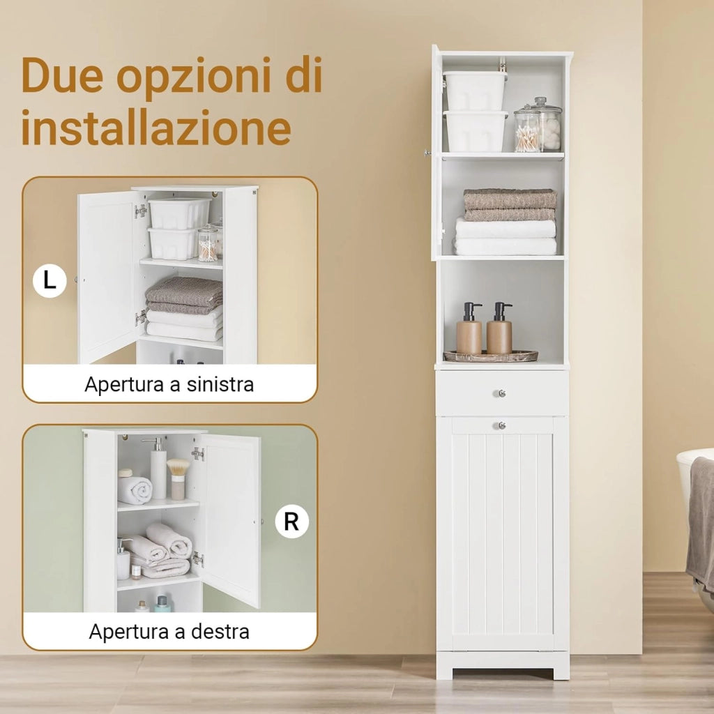 Mobile Bagno Salvaspazio Alto con Cesto Portabiancheria 45L – Colonna Bagno Stretto 40x38x180cm con Cassetto in MDF, Ripiano Aperto e Anta Mobiletto per Lavanderia o WC BZR216-W