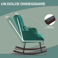 Poltrona a Dondolo in Velluto con Schienale Alto a Bottoni, Cuscino e Braccioli, Verde