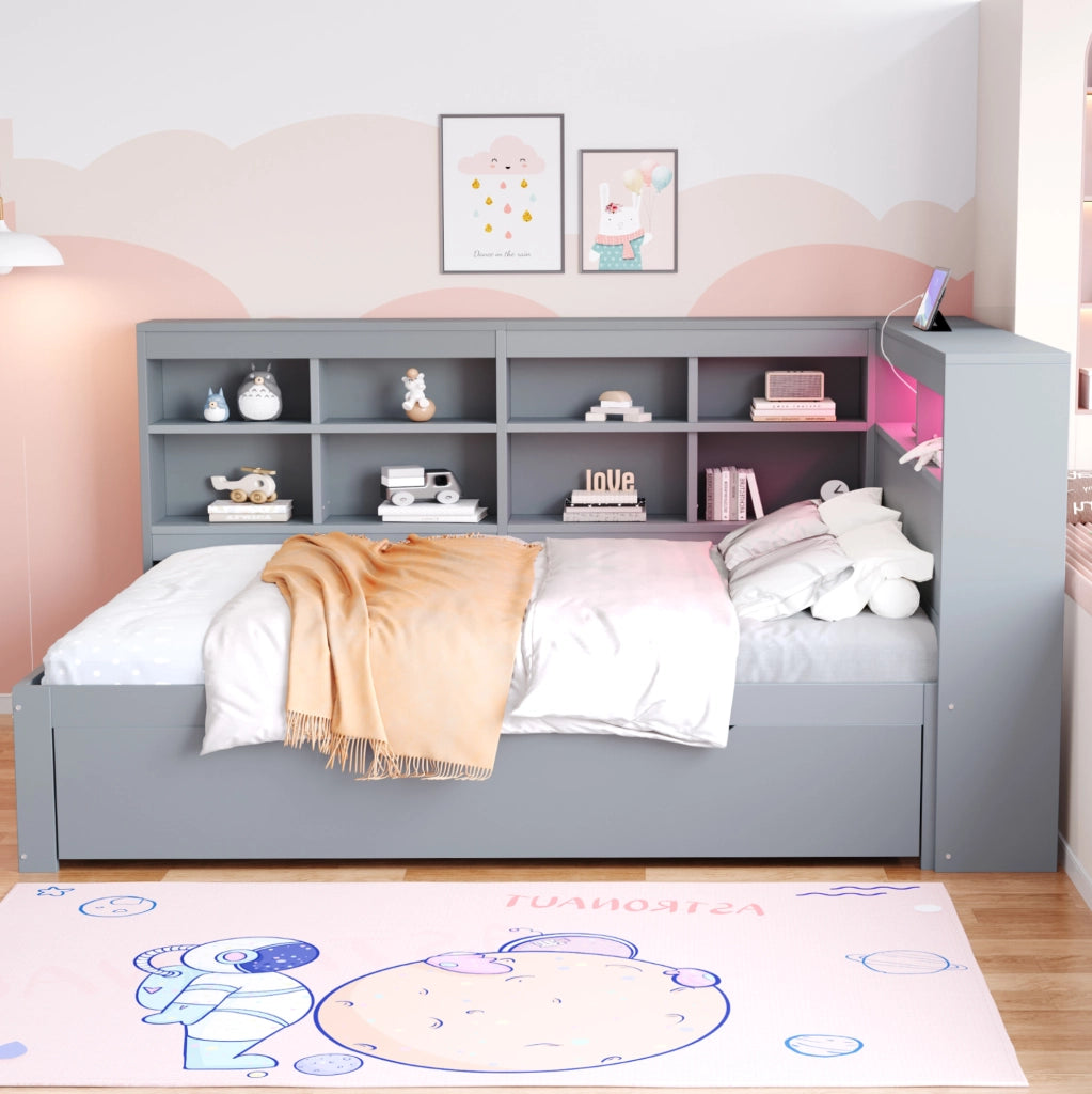 Divano letto 140x200 cm con contenitore; USB e LED in legno grigio