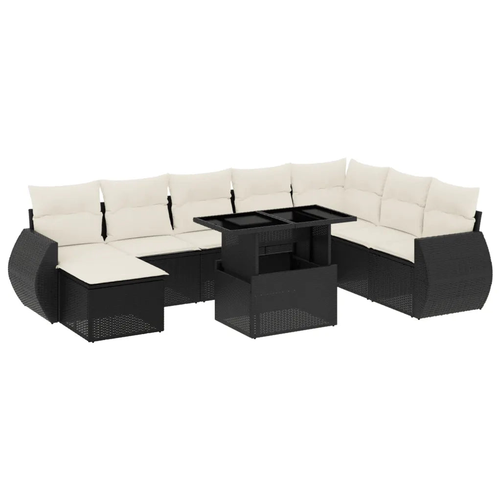 Set Divani da Giardino 9 pz con Cuscini Nero in Polyrattan