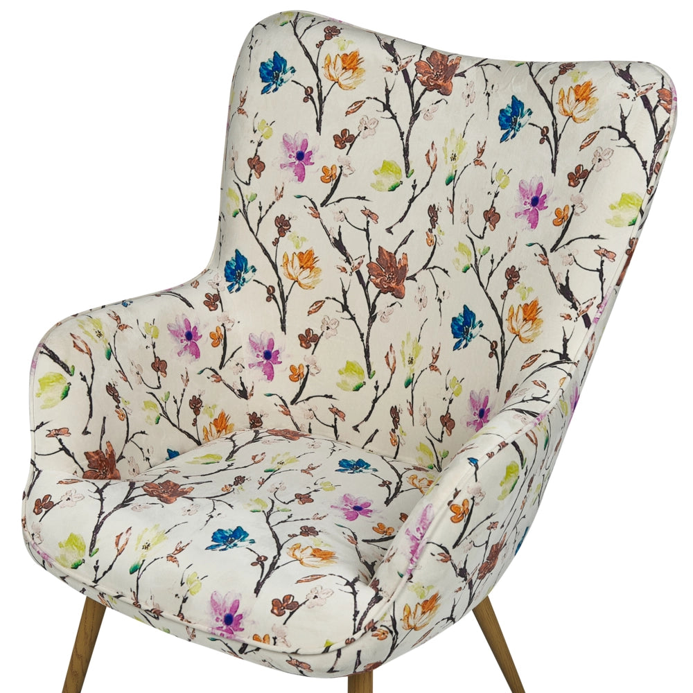 Sedia Wingback con tessuto ottomana color crema abbottonato motivo floreale in stile retrò