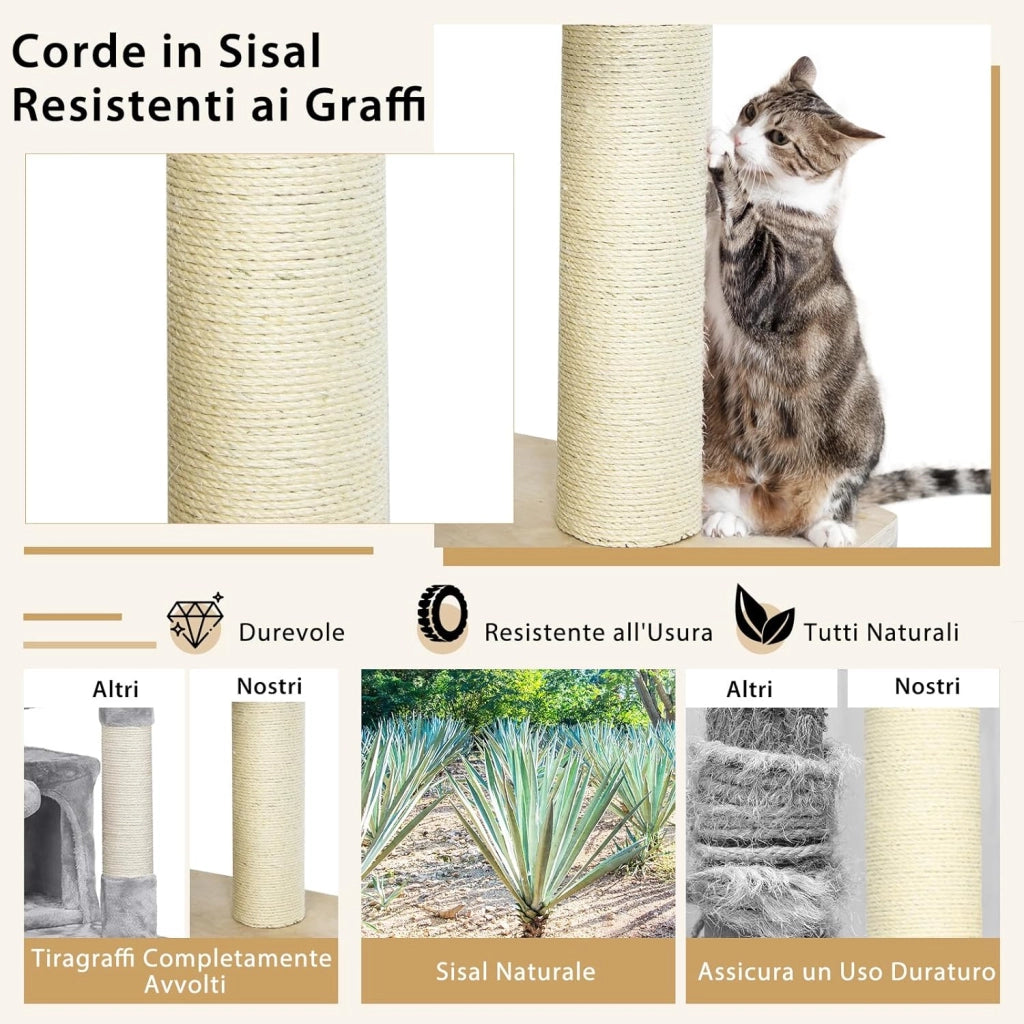 Albero per Gatti 197 CM, Tiragraffi per Gatti a Più Livelli con Nicchia in Legno, Trespolo Superiore, Amache, Cestello Sospeso, Tiragraffi con Pali in Sisal e Palline