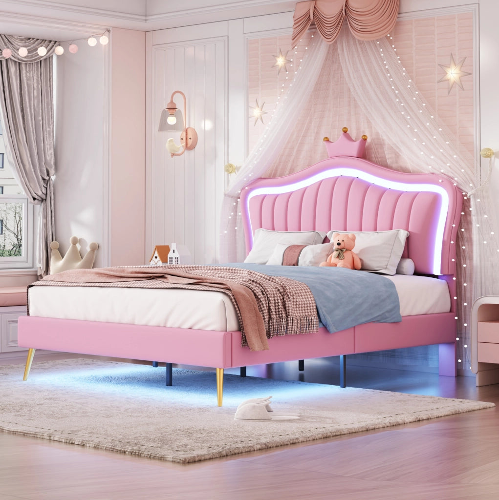 Letto per bambini imbottito 140x200 cm; testiera a conchiglia con LED; similpelle rosa (Senza materasso)