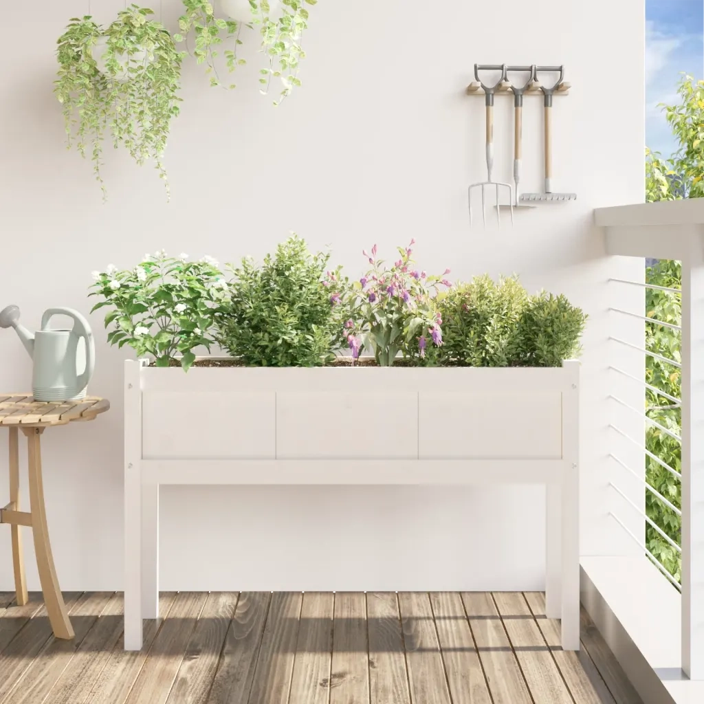 Fioriera da Giardino con Gambe-Vaso da Esterno-Contenitore per Piante Bianca 110x31x70cm Massello Pino