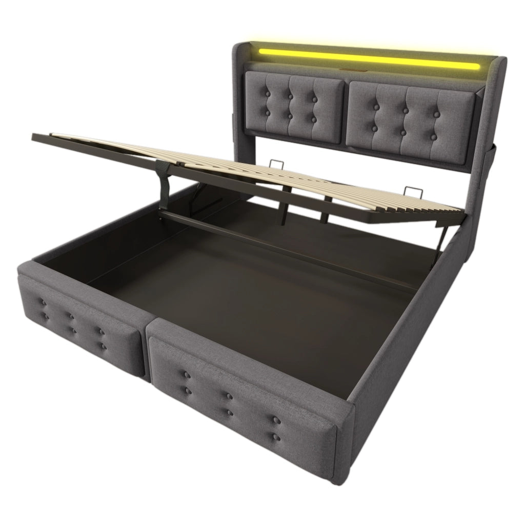 Letto matrimoniale imbottito 140x200 con testiera LED, prese e USB-C, contenitore salvaspazio, grigio