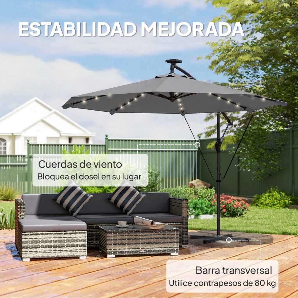 Ombrellone Parasole Grigio con Luci LED Solari 330x295 cm Base Crociata ¨C zephmum ¨C Grigio Scuro