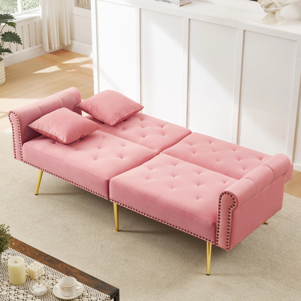 Divano letto 2 posti - con schienale regolabile e cuscini - in velluto rosa