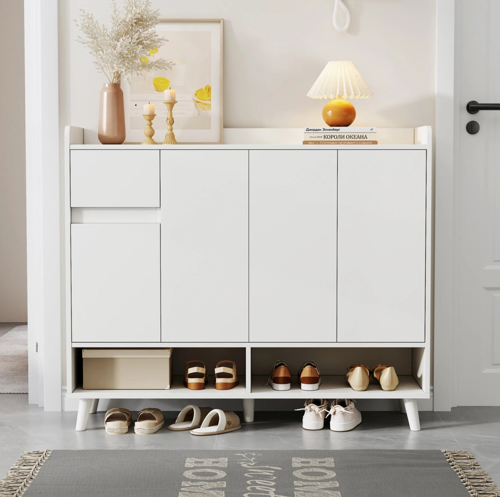 Mobile da ingresso moderno con ripiano regolabile; 1 cassetto e 4 ante; 120x35x99 cm; bianco