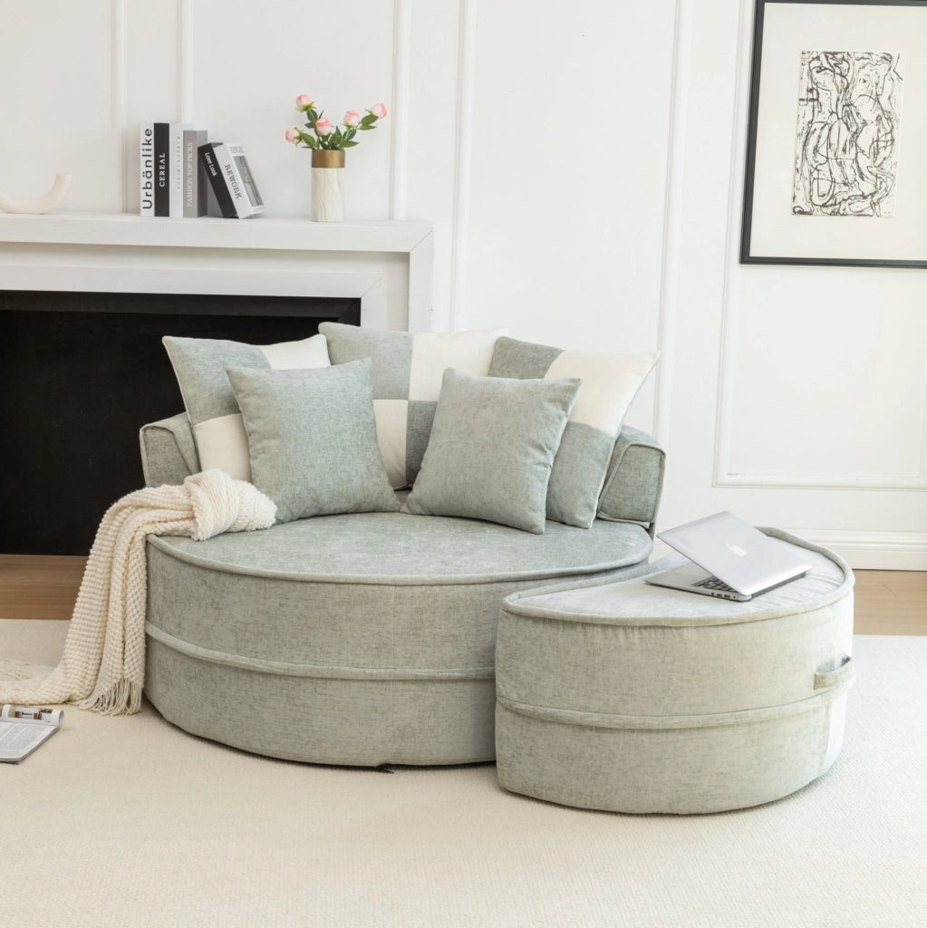 Poltrona rotonda verde in chenille con 5 cuscini e pouf, per soggiorno e camera da letto