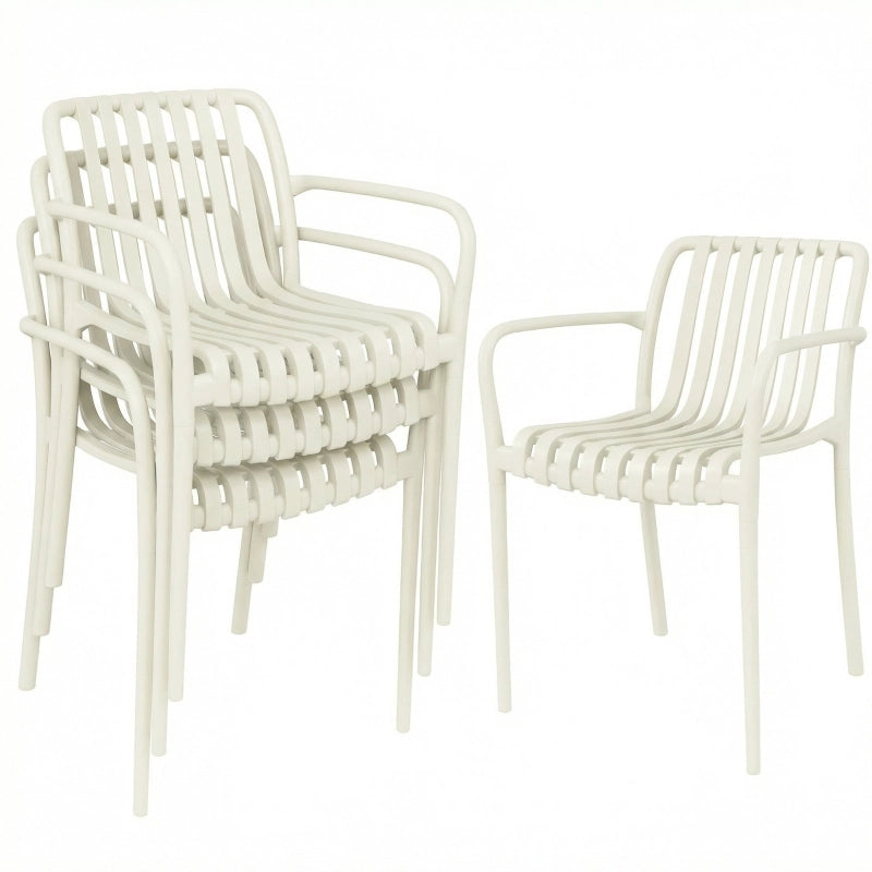 Set di 4 sedie da giardino impilabili con braccioli, design a lamelle, ergonomiche, bianco crema