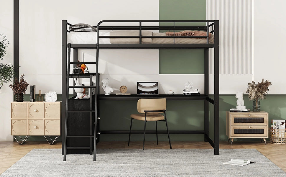 DESMIU Letto a soppalco matrimoniale con scrivania a L, cassetti e vano contenitore 140 × 200 cm, senza materasso, nero