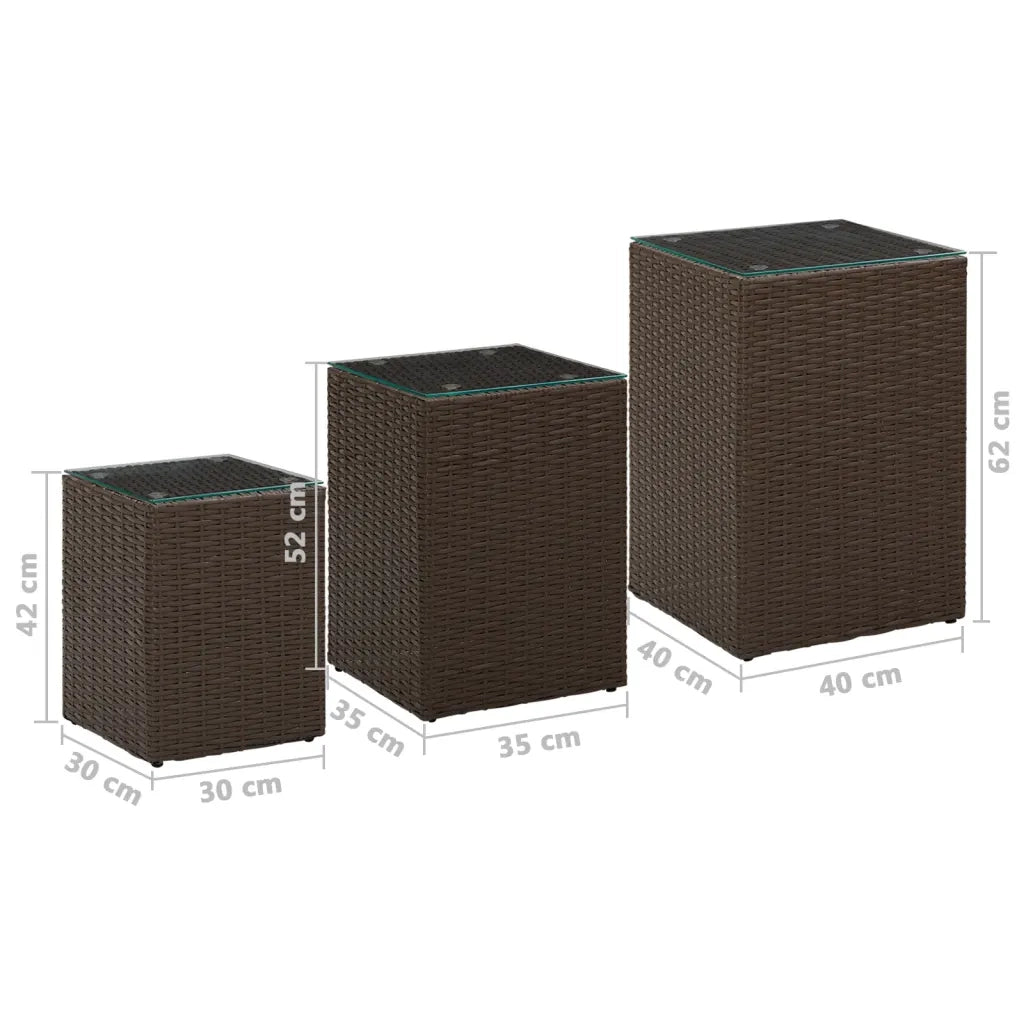 Tavolini 3 pz con Piano in Vetro Marroni in Polyrattan 316380